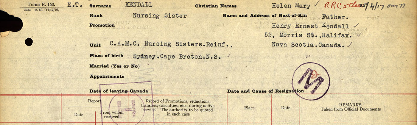 Page taken from the service file of Nursing Sister Helen Kendall of the Canadian Expeditionary Force, First World War. This document details her official record of service, including dates, locations, and specifics of postings.