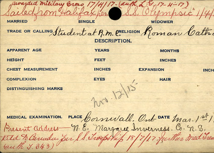 Page tirée du dossier de service du lieutenant James Murphy du Corps expéditionnaire canadien, Première Guerre mondiale. 