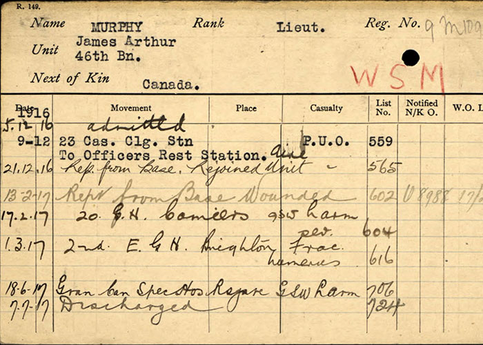 Page tirée du dossier de service du lieutenant James Murphy du Corps expéditionnaire canadien, Première Guerre mondiale. 